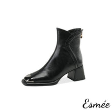 將圖片載入圖庫檢視器 Black-Leather-High-Heel-Ankle-Boots-with-Special-Cutting-and-Golden_toe-Cap-product-shots-white-background