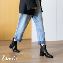 Load image into Gallery viewer, Black-Leather-High-Heel-Chelsea-Boots-with-Woven-Design-model-shots
