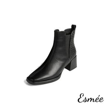 Load image into Gallery viewer, Black-Leather-High-Heel-Chelsea-Boots-with-Woven-Design-product-shots-white-background