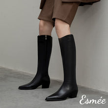 將圖片載入圖庫檢視器 Black-Leather-High-Heel-Long-Boots-with-Pointed-Toe-Design-model-shots