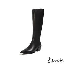 將圖片載入圖庫檢視器 Black-Leather-High-Heel-Long-Boots-with-Pointed-Toe-Design-product-shots-white-background