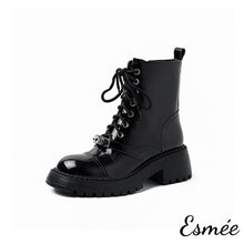 將圖片載入圖庫檢視器 Black-Leather-High-Heel-Marten-Boots-with-Metal-Lock-Design-product-shots-white-background