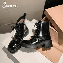 將圖片載入圖庫檢視器 Black-Leather-High-Heel-Marten-Boots-with-Metal-Lock-Design-product-shots