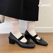 將圖片載入圖庫檢視器 Black-Leather-High-Heel-Maryjane-with-Bow-Knot-Design-model-shots