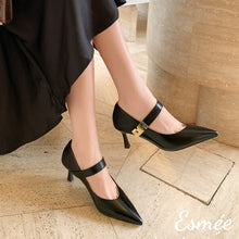 Load image into Gallery viewer, Black-Leather-High-Heel-Maryjane-with-N-Metal-Buckle-model-shots