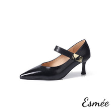 Load image into Gallery viewer, Black-Leather-High-Heel-Maryjane-with-N-Metal-Buckle-product-shots-white-background