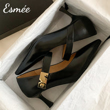 Load image into Gallery viewer, Black-Leather-High-Heel-Maryjane-with-N-Metal-Buckle-product-shots