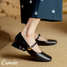 將圖片載入圖庫檢視器 Black-Leather-High-Heel-Maryjanes-with-Squared-Toe-Design-model-shots