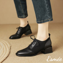 Load image into Gallery viewer, Black-Leather-High-Heel-Oxford-Shoes-with-Fabrics-Design-model-shots