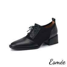 Load image into Gallery viewer, Black-Leather-High-Heel-Oxford-Shoes-with-Fabrics-Design-product-shots-white-background