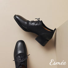 Load image into Gallery viewer, Black-Leather-High-Heel-Oxford-Shoes-with-Fabrics-Design-product-shots