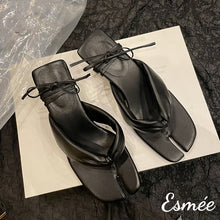 Load image into Gallery viewer, Black-Leather-High-Heel-Sandals-with-Cloven-Design-product-shots