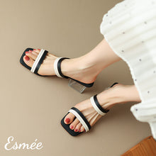 將圖片載入圖庫檢視器 Black-Leather-High-Heel-Sandals-with-Dual-Color-Straps-and-Transparent-Heels-model-shots