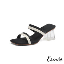 將圖片載入圖庫檢視器 Black-Leather-High-Heel-Sandals-with-Dual-Color-Straps-and-Transparent-Heels-product-shots-white-background