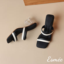 將圖片載入圖庫檢視器 Black-Leather-High-Heel-Sandals-with-Dual-Color-Straps-and-Transparent-Heels-product-shots