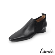 Load image into Gallery viewer, Black-Leather-High-Heel-Slip-On-Shoes-with-Fabrics-Design-product-shots-white-background
