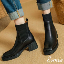 Load image into Gallery viewer, Black-Leather-High-Heel-Sock-Boots-model-shots