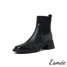 Load image into Gallery viewer, Black-Leather-High-Heel-Sock-Boots-product-shots-white-background