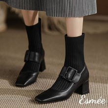 Load image into Gallery viewer, Black-Leather-High-Heel-Sock-Boots-with-Thick-Buckle-Straps-model-shots