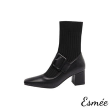 Load image into Gallery viewer, Black-Leather-High-Heel-Sock-Boots-with-Thick-Buckle-Straps-product-shots-white-background