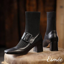 Load image into Gallery viewer, Black-Leather-High-Heel-Sock-Boots-with-Thick-Buckle-Straps-product-shots