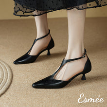 Load image into Gallery viewer, Black-Leather-High-Heel-T-Straps-model-shots