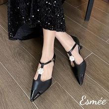 Load image into Gallery viewer, Black-Leather-High-Heel-T-Straps-with-Flower-Design-and-Black-Toe-Cap-model-shots