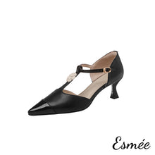 Load image into Gallery viewer, Black-Leather-High-Heel-T-Straps-with-Flower-Design-and-Black-Toe-Cap-product-shots-white-background