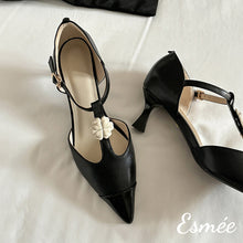 Load image into Gallery viewer, Black-Leather-High-Heel-T-Straps-with-Flower-Design-and-Black-Toe-Cap-product-shots
