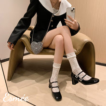 Load image into Gallery viewer, Black-Leather-High-Heel_Maryjanes-with-Double-Rhinestone-Buckles-model-shots