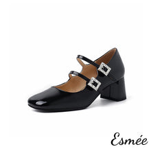 Load image into Gallery viewer, Black-Leather-High-Heel_Maryjanes-with-Double-Rhinestone-Buckles-product-shots-white-background