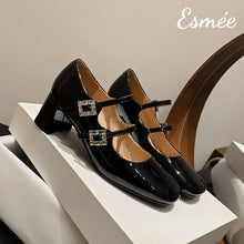 Load image into Gallery viewer, Black-Leather-High-Heel_Maryjanes-with-Double-Rhinestone-Buckles-product-shots