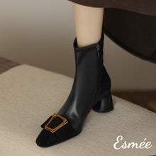 Load image into Gallery viewer, Black-Leather-High-Heels-Ankle-Boots-with-Metal-Buckle-and-Black-Toe-Cap-model-shots