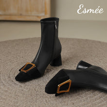 Load image into Gallery viewer, Black-Leather-High-Heels-Ankle-Boots-with-Metal-Buckle-and-Black-Toe-Cap-product-shots