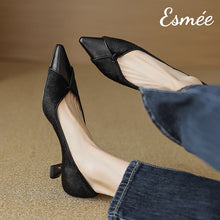 Load image into Gallery viewer, Black-Leather-High-Heels-with-Horsehair-Design-model-shots
