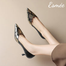 Load image into Gallery viewer, Black-Leather-High-Heels-with-Snake-Leather-Toe-Cap-model-shots