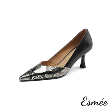Load image into Gallery viewer, Black-Leather-High-Heels-with-Snake-Leather-Toe-Cap-product-shots-white-background