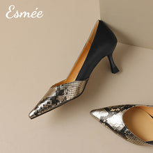 Load image into Gallery viewer, Black-Leather-High-Heels-with-Snake-Leather-Toe-Cap-product-shots