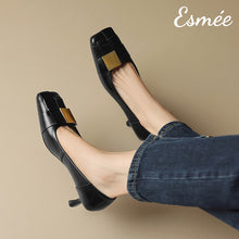 Load image into Gallery viewer, Black-Leather-High-Heels-with-Wide-Woven-and-Metal-Buckle-Design-model-shots