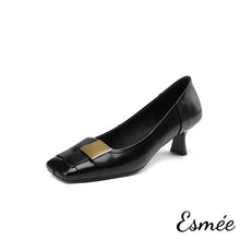 Load image into Gallery viewer, Black-Leather-High-Heels-with-Wide-Woven-and-Metal-Buckle-Design-product-shots-white-background
