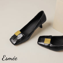 Load image into Gallery viewer, Black-Leather-High-Heels-with-Wide-Woven-and-Metal-Buckle-Design-product-shots
