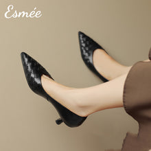 Load image into Gallery viewer, Black-Leather-High-Heels-with-Woven-Design-model-shots