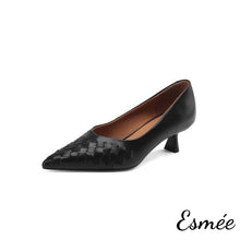 Load image into Gallery viewer, Black-Leather-High-Heels-with-Woven-Design-product-shots-white-background