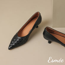 Load image into Gallery viewer, Black-Leather-High-Heels-with-Woven-Design-product-shots