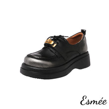 將圖片載入圖庫檢視器 Black-Leather-Loafers-with-Thickened-Outsole-and-Golden-Metal-Buckle-product-shots-white-background