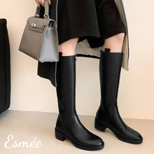 Load image into Gallery viewer, Black-Leather-Long-Boots-with-4.5cm-Block-Heels-model-shots