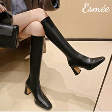 將圖片載入圖庫檢視器 Black-Leather-Long-Boots-with-7cm-Block-Thin-Heels-model-shots