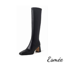 將圖片載入圖庫檢視器 Black-Leather-Long-Boots-with-7cm-Block-Thin-Heels-product-shots-white-background