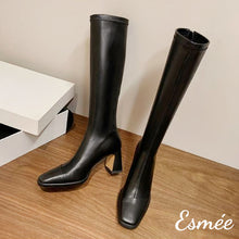 將圖片載入圖庫檢視器 Black-Leather-Long-Boots-with-7cm-Block-Thin-Heels-product-shots