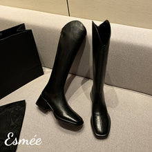 Load image into Gallery viewer, Black-Leather-Long-Boots-with-Block-Heels-product-shots